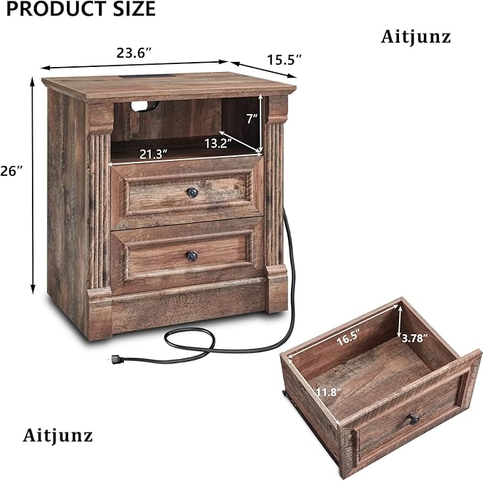 26" Tall Farmhouse Nightstand, 2 Drawers End Table w/Charging Station, 23.6" Wide Large Side Table w/Roman Column, Wood Rustic Sofa Table w/Open Shelf, Bedside Table for Bedroom, Light Brown