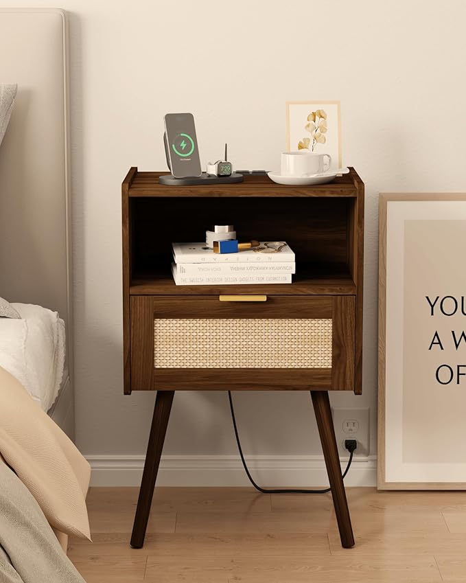 Rattan Nightstand with Outlet,Modern Bedside Table with Storage Drawer and Open Wood Shelf, for Living Room, Bedroom and Small Spaces, Accent Night Stand with Solid Wood Legs,Walnut Brown