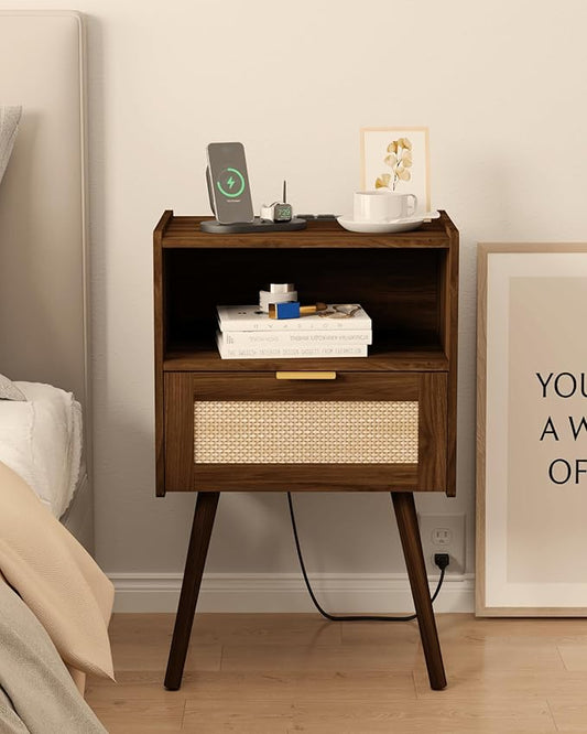 Rattan Nightstand with Outlet,Modern Bedside Table with Storage Drawer and Open Wood Shelf, for Living Room, Bedroom and Small Spaces, Accent Night Stand with Solid Wood Legs,Walnut Brown