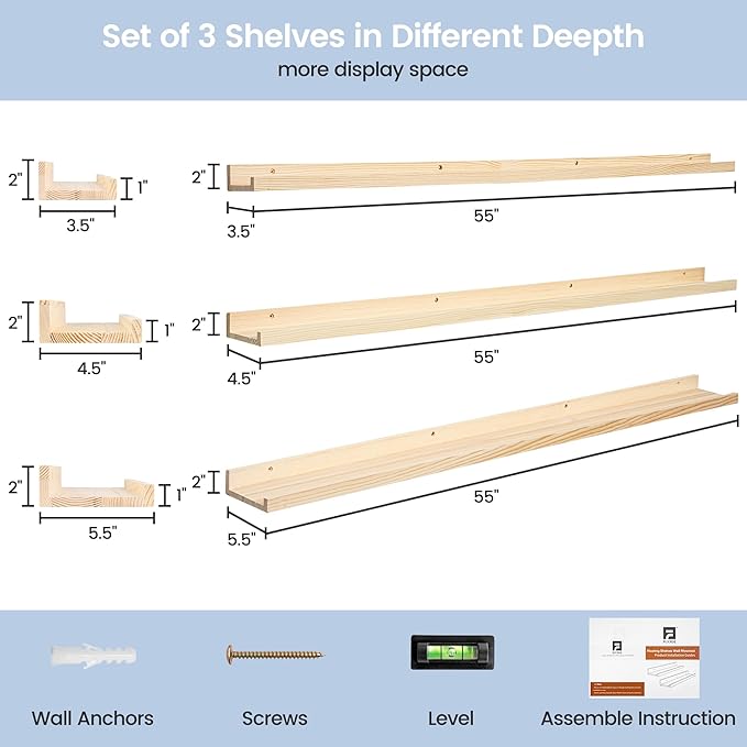 Pine Wood Nursery Book Shelves 3 Pack, Floating Ledge Shelves for Kids' Room, Bedroom, Bathroom, Long Floating Shelves for Wall, Natural