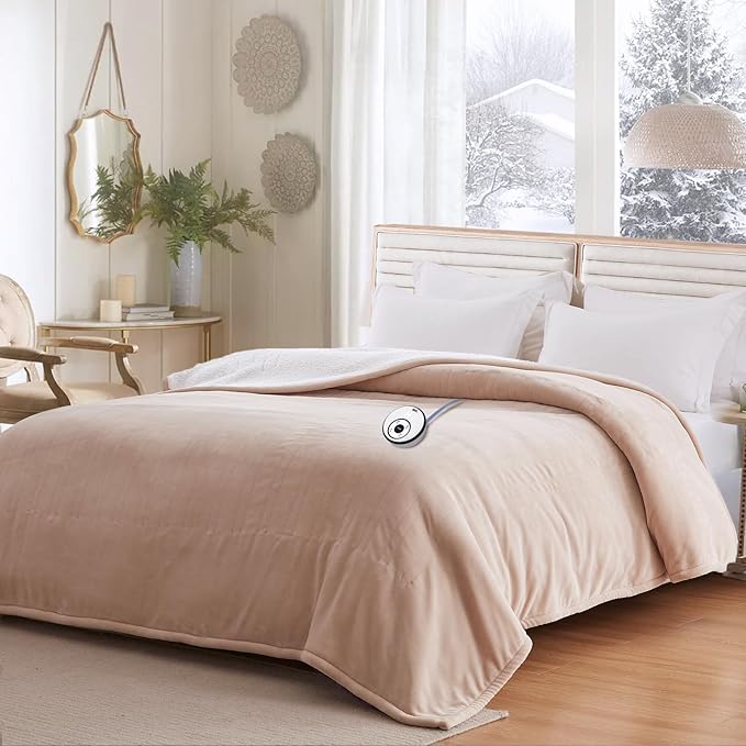 Sealy Electric Blanket Full Size 80"*84",Super Cozy Flannel to Sherpa Reversible Heated Blanket Full Size with 10 Heating Levels & 1-12 Hours Auto Off Overheating Protection Machine Washable, Beige