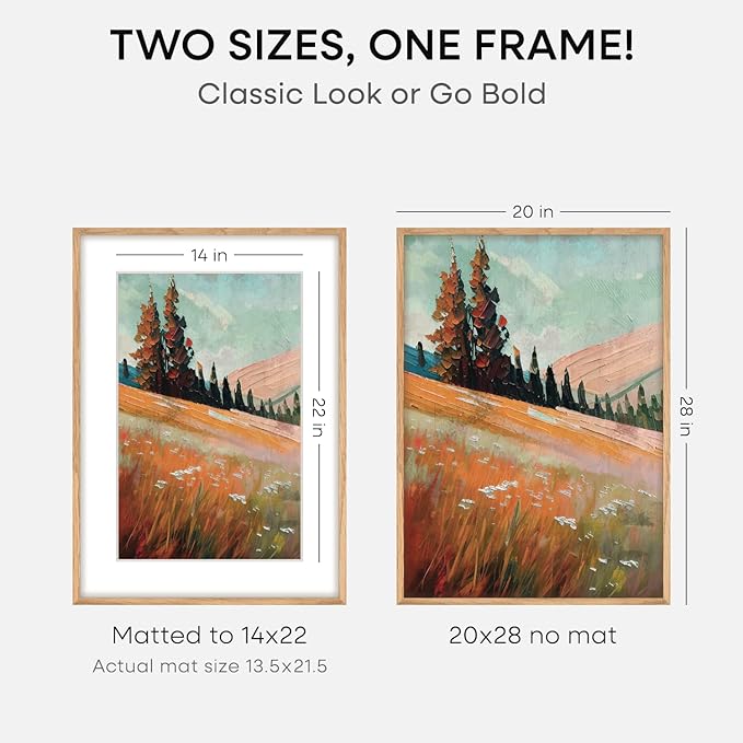 Homeforia 20x28 Picture Frame Wood, High End Natural Oak 20 x 28 Light Wooden Poster Frame with Mat 14 by 22, 20x28 Frames Matted to 14x22 Photo, 28by20 Thin Frames, Tempered Glass, Wall Kit, Set of 1