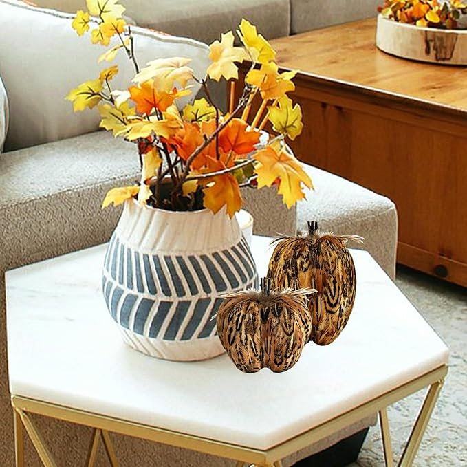 naturevibe 7.5/5.5 Inches Elegant Feathered Pumpkin Decor,Set of 2 Thanksgiving Decorations Natural Feather Pumpkins as Fall Home Decor,Centerpieces for Tables or Autumn Harvest Gifts