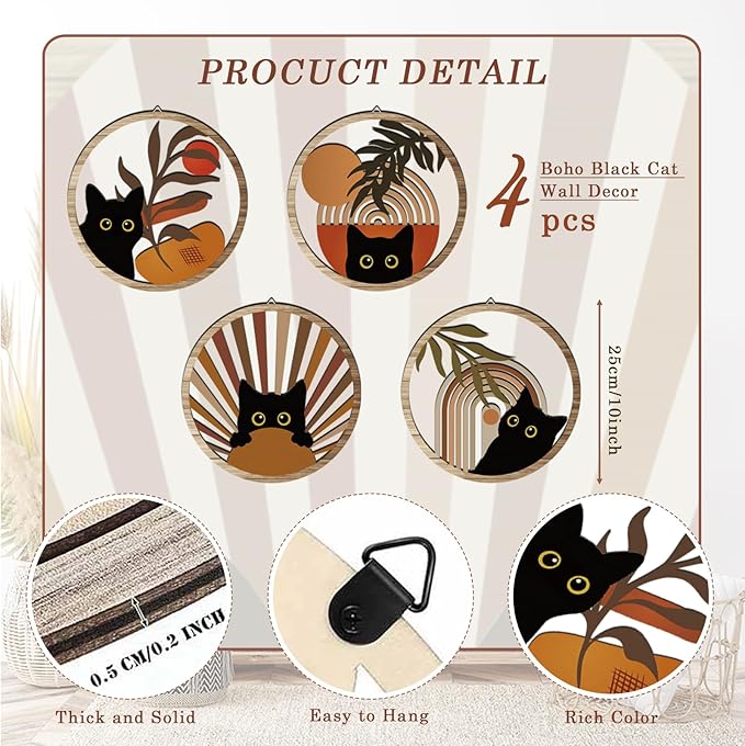 RETRART Boho Black Cat Wall Art Black Cat Room Decor Aesthetic, 4-Piece Farmhouse Geometric Wooden Cat Wall Decor Mid-Century Bohemian Moon Sun Design for Nursery, Bedroom Perfect Cat Lover Gifts