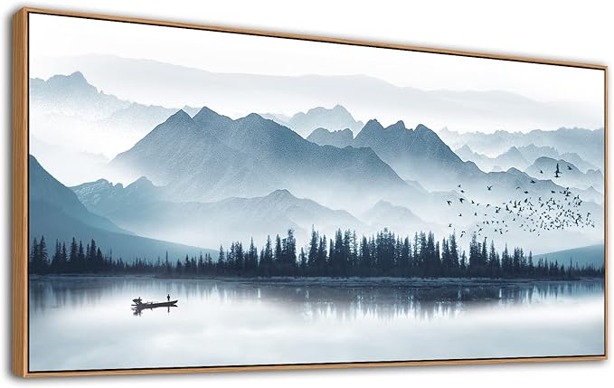 Indigo Framed Canvas Wall Art Misty Mountain Wall Pictures Foggy Lake Boat Canvas Painting Prints Forest Birds Canvas Wall Decor for Living Room Bedroom Decorations Framed 20" x 40" Natural