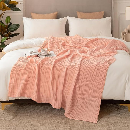 EMME Cotton Blanket Queen Size for Bed Soft Large Muslin Bed Blankets 90"x90" Lightweight Breathable All Season Gauze Blanket, Pink