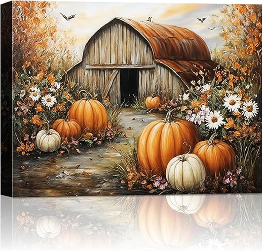 Autumn Pumpkin Barn Framed Wall Art Decor, Moody Fall Decor Rustic Country Landscape Picture Print for Farmhouse Decor,Thanksgiving Decorations Country Canvas Wall Art, Ready to Hang