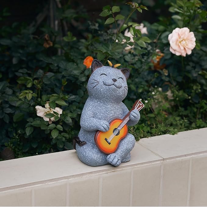 Cat Garden Statue Outdoor Decor, Cat Sculpture with Guitar and Butterfly for Yard Lawn Patio Balcony, Birthday Housewarming Gifts for Mom, Grandma, Women, 8.8 inch, Resin