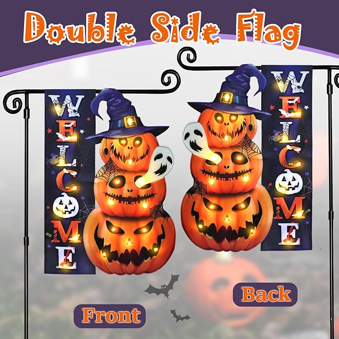 Halloween Lighted Garden Flag, Solar Yard Flag for Outside, 8 Modes Double Sided Welcome Halloween Pumpkin Outdoor Decorations for Home Porch (Pumpkin-12x18)