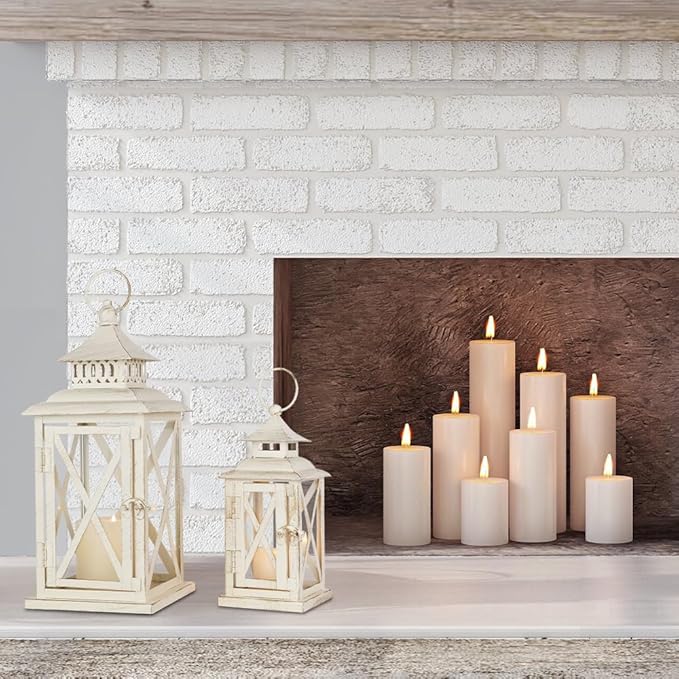 Lanterns Decorative Outdoor&Indoor, Set of 2 (14"&10") Beige Metal Lantern Decor with Glass, Candle Holder for Porch, Patio, Garden, Balcony, Wedding, Table Centerpiece