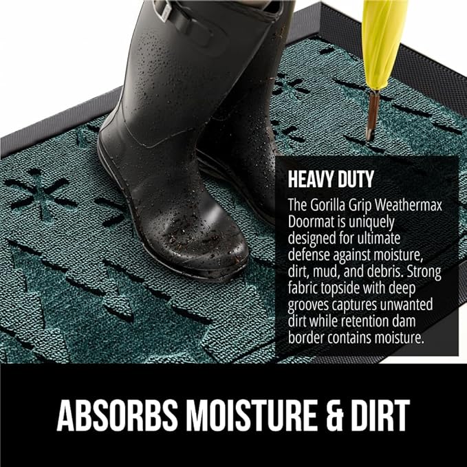 GORILLA GRIP 100% Waterproof All-Season WeatherMax Doormat, 47x35, US Designed Natural Rubber, Stain and Fade Resistant, Low Profile Indoor Outdoor Door Mats, Easy Clean Patio Mat, Green Snowscape