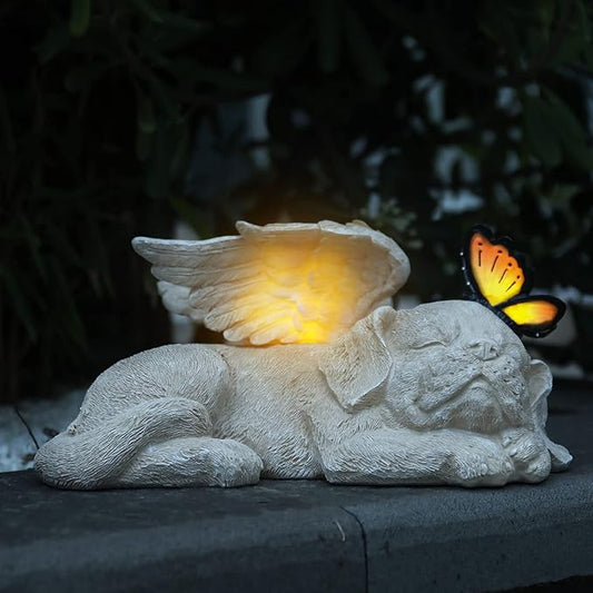 WONDER GARDEN Sleeping Dog Angel Statue with Solar Light - Pet Memorial Stone, in Memory of Dog, Marker Tribute Statues, Resin Guardian Angels, Bereavement Gift