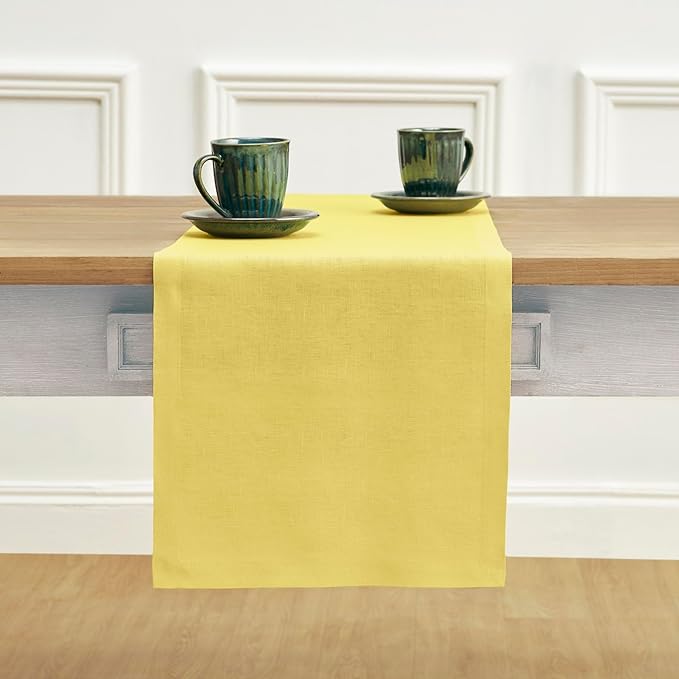 Solino Home Linen Sunshine Yellow Table Runner 60 Inches - 100% Pure Linen Farmhouse Short Table Runner 14 x 60 Inch Ideal for Dresser and Coffee Tables - Fete