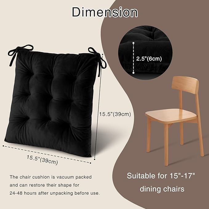 OVOV Chair Cushions for Dining Chairs Set of 6 Tufted Indoor Chair Pads with Ties Soft Square Seat Cushions for Kitchen Chairs 15.5"x15.5",Black