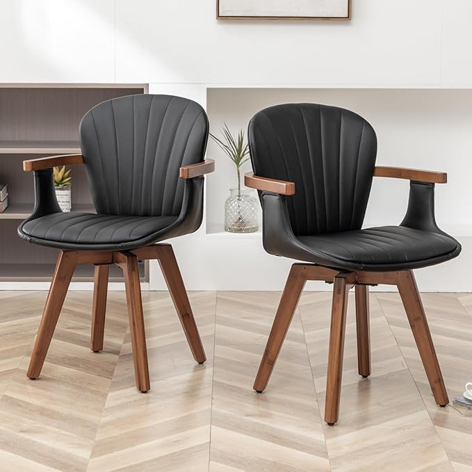 LUNLING Swivel Dining Room Chairs Set of 2, Mid Century Modern Black Faux Leather Kitchen Chairs with Arms,Bamboo Legs Side Chairs No Wheels,Accent Chair for Dining Rooms and Offices
