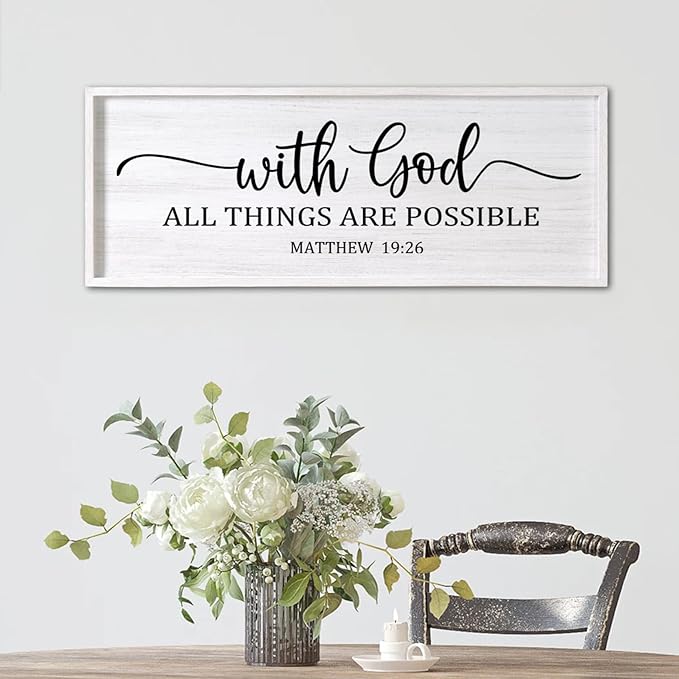 With God All Things are Possible Framed Wall Art, 40''×15'' White Holy Religious Rustic Bible Verse for Christian God Jesus Christ Prayer, Positive Horizontal Inspirational Catholic Scripture Decor