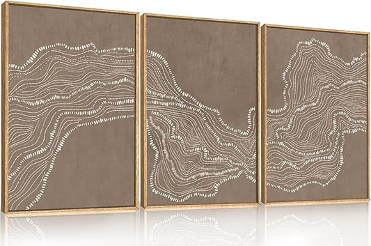Geometric White Tan Wave Framed Canvas Wall Art Set, Abstract Line Art Painting, Modern Minimalism Wall Decor, Neutral Art Print for Living Room, Bedroom, Dining Room, Office - 16"x24"x3