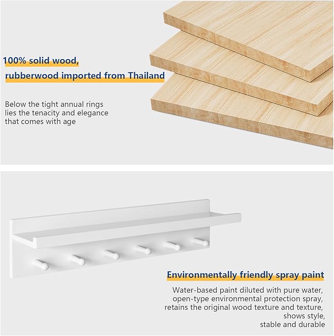 Wood Coat Hook with Wall-Mounted Shelf,23.62in Entryway Wall Hanging Shelf,for Bathroom, Kitchen,Coat Towel Key Organizer White YD-WS0260W