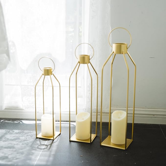 HPC DECOR Modern Farmhouse Lantern Decor- 22''19''16''Tall Large Gold Metal Candle Lanterns for Home Decor-Lanterns Decorative w/Timer Flickering Candles for Living Room,Outdoor,Fireplace Mantle Decor
