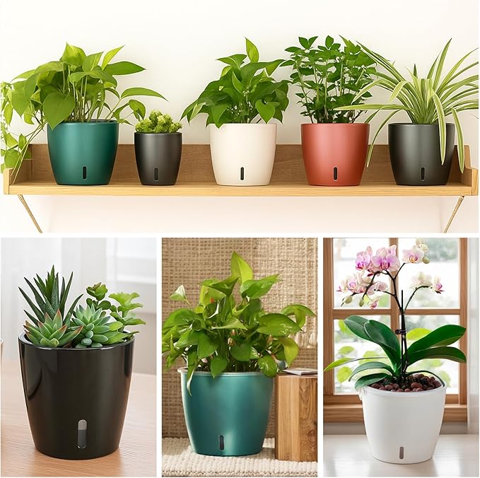 Self Watering Pots for Indoor Plants, 12-Pack 5'' Self Watering Planter with Drainage Holes, Small African Violet Pots with Water Level Indicator, Clear Wick Pot, Black