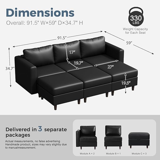 91.5" Luxury Modular Sleeper Sofa Bed with Storage Seat, 6 Seat Sectional Couch Deep Seat with Reversible Chaises & Removable Cover for Living Room - Faux Leather Black