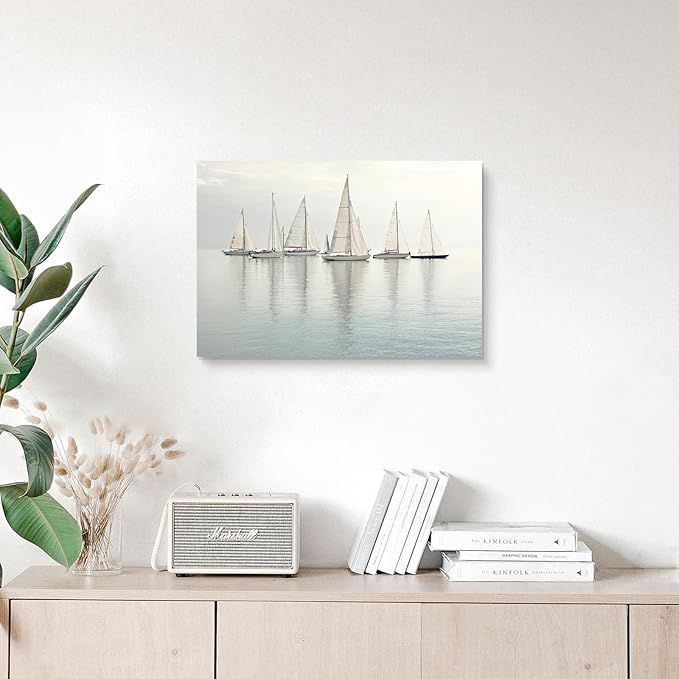 Nautical Sailing Picture Wall Art - Coastal Sailboat Canvas Ocean Ship Prints Sea Level Boat Painting Artwork for Bathroom
