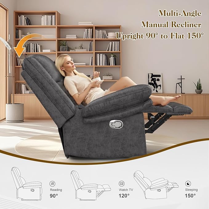 Recliner Chair for Adults, Oversized Manual Pull Tab Reclining Chair, 2-Tier Cushions, Minimalist Style Single Sofa for Living Room, RV (Polished Microfiber)