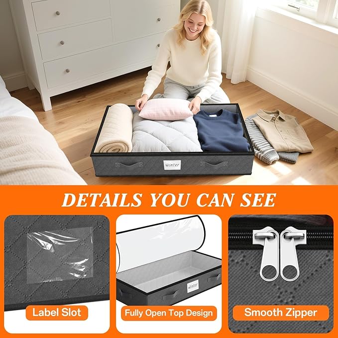 SpaceWhisper 90L Under Bed Storage Containers, 8-Pack Storage Bins with Clear Top, Foldable Closet Organizers and Storage with Label Holder for Clothing, Blankets, Comforter & Pillows (Grey)
