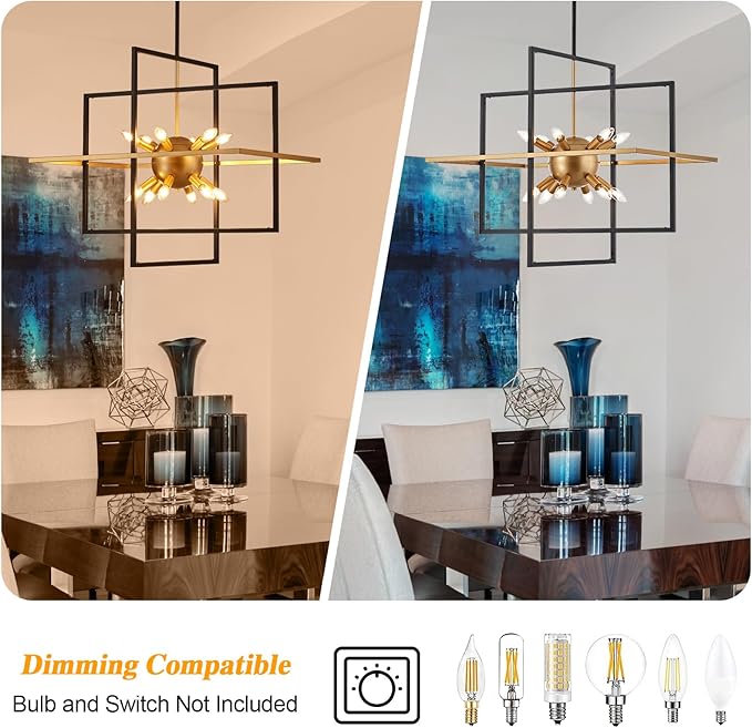 31.5'' Large Modern Lantern Chandeliers, 12-Light Black Gold Geometric Pendant Light Fixture, Industrial Hanging Chandelier for Entryway Foyer Hallway Dining Room, Kitchen Island