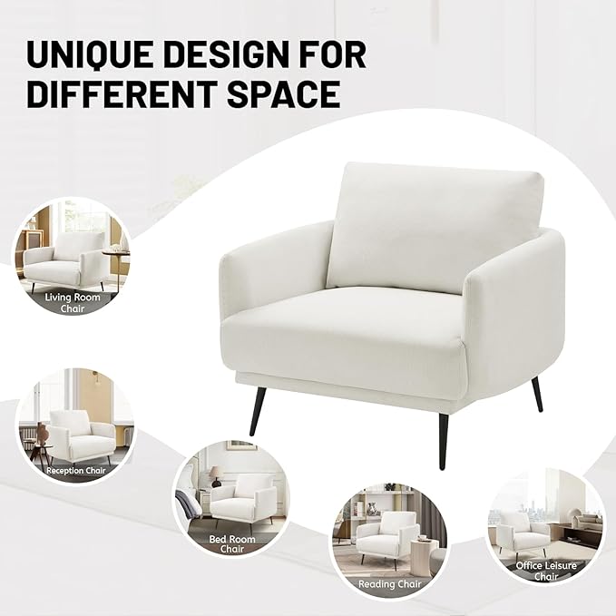 Oversized Accent Chair for Living Room Chairs Reading Arm Chair Comfy Modern Single Sofa Side Chairs with Metal Legs & Soft Cushion for Bedroom, Balcony,Waiting Room (Polyester, Pearl White)