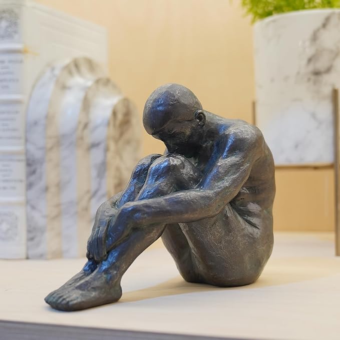 Guichifun Sitting Man Sculptures Home Decor - Resin Bronze Male Holding Arms Legs Lonely Statues Decorative Objects Outdoor Gift for Men 7.5 x 3.7 x 5.8 Inch