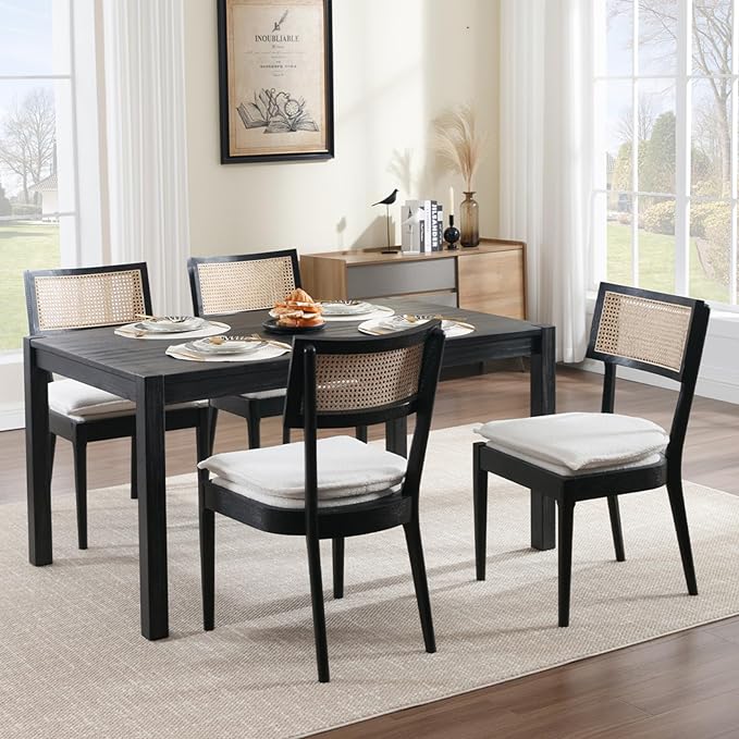 Rattan Dining Chairs Set Of 4 , Mid Century Modern Black Wooden Cane Back Chairs with Removable Sherpa Cushion , Retro Farmhouse Upholstered Kitchen & Dining Room Chairs for Restaurant Living Room