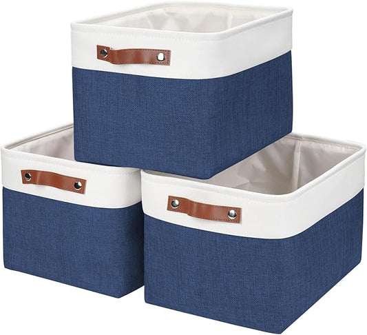 Storage Bins Large Fabric Storage Baskets for Shelves 3 Pack, Decorative Linen Closet Baskets with Handles for Organizing, Shelf, Clothes, Home, Office, 15x11x9.5Inches (NavyBlue&White)