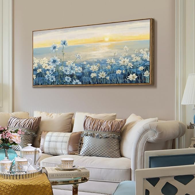 Large Framed Wall Art for Living Room Bedroom Office Decor, Modern Beach Canvas Wall Art Coastal Ocean Nature Blue Artwork Floral Sunrise/Sunset Zen Landscape Flower Wall Picture 48x24“