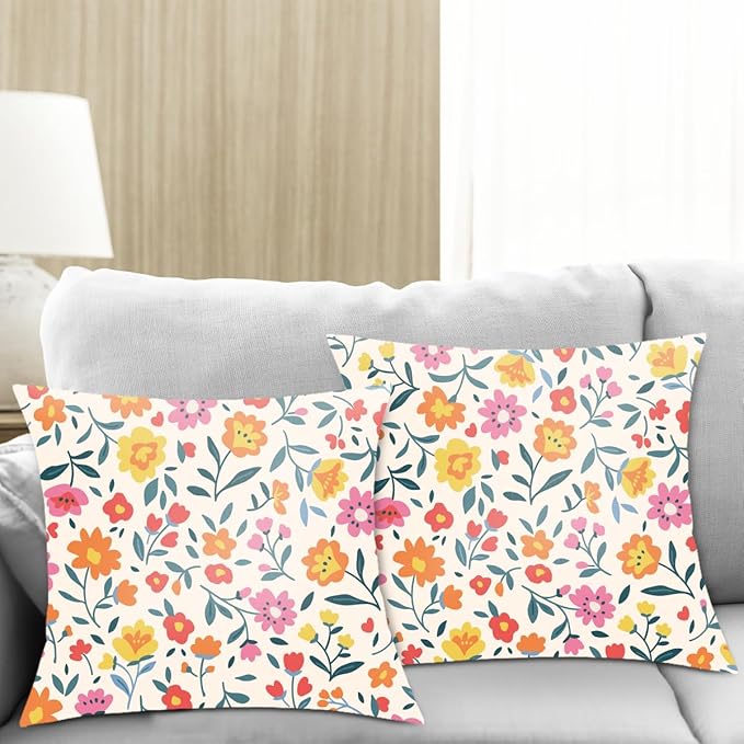 2 Pack Retro Cute Wildflowers Decor Throw Pillow Covers, 18x18 Pillow Cover, Decorative Couch Pillow Covers Flower Decor Pillowcase for Sofa Cushion Sofa Home Bedroom Chair Bed Car Seat Living Room