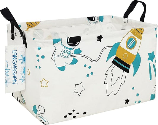 LANGYASHAN Rectangular Storage Bin Collapse Canvas Fabric Cartoon Storage Basket with Handles for Organizing Home Kitchen Boys and Girls Toys Office Closet Shelf Baskets (Rec space astronaut)