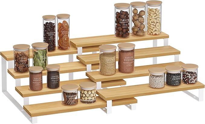 SONGMICS Display Risers, Set of 2 Engineered Wood Perfume Organizer Stand, 4-Tier Cupcake Stand Holder, Spice Rack, Shelf Risers for Figures, Dessert Shelves, Natural Beige and Cloud White UKCS216N02