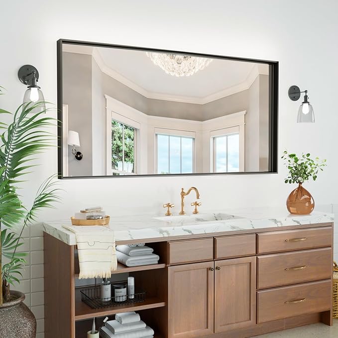 60x36 Inch Black Bathroom Mirrors for Over Sink, Large Rectangular Framed Mirror, Matte Modern Vanity Mirrors, Wall Mirrors for Bathroom, Tempered Glass, (Horizontal/Vertical)