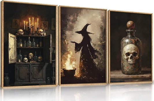 HPNIUB Halloween Witch Framed Canvas Wall Art Set, Terrifying Skeleton Poster Artwork, Vintage Halloween Wall Decor, Dark Academia Gothic Pictures for Bedroom Living Room Bathroom Party-16 x24 x3