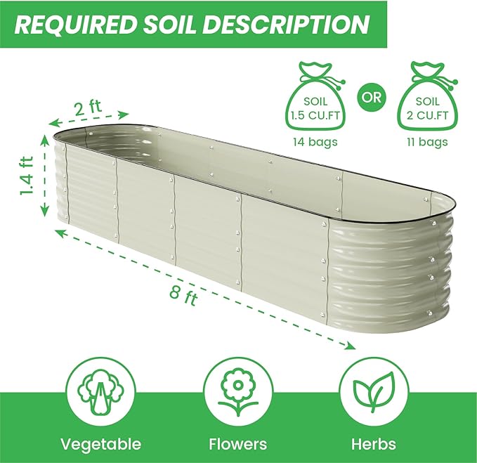 Raised Garden Bed Kit 8×2×1.4 FT Magnesium-Aluminum-Zinc Stainless Steel Metal Planter Box for Planting Outdoor Plants Vegetables (Beige)
