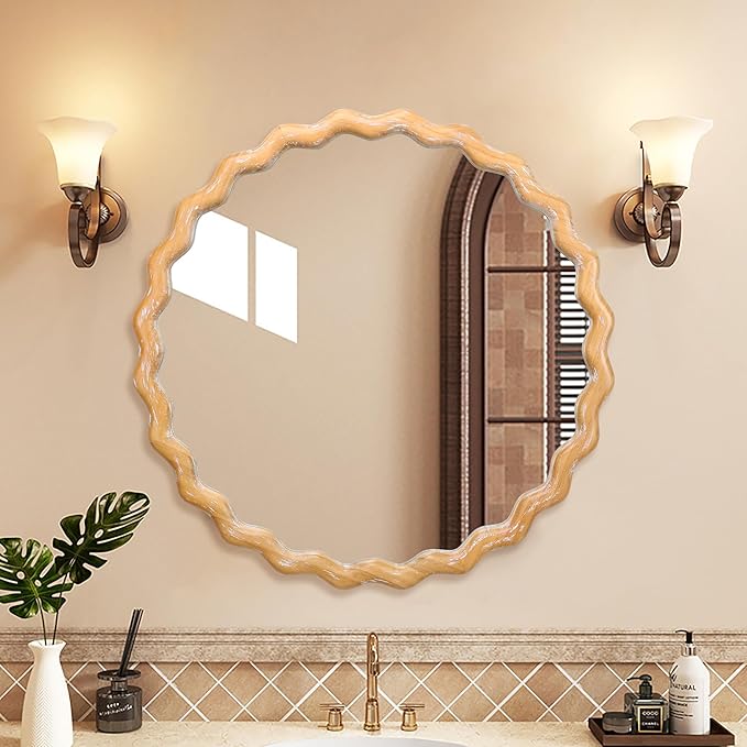 Wavy Mirror 27.5x27.5 Inch, Decorative Bathroom Mirror with Natural Wood Frame, Entry Way Mirrors for Wall, Shatterproof Glass, Mirrors for Wall Decor