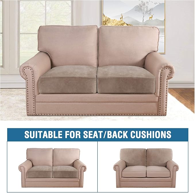 H.VERSAILTEX Velvet Stretch Couch Cushion Cover Plush Cushion Slipcover for Chair Loveseat Sofa Cushion Furniture Protector Seat Cushion Sofa Cover (2 Piece Medium Sofa Cushion Covers, Taupe)