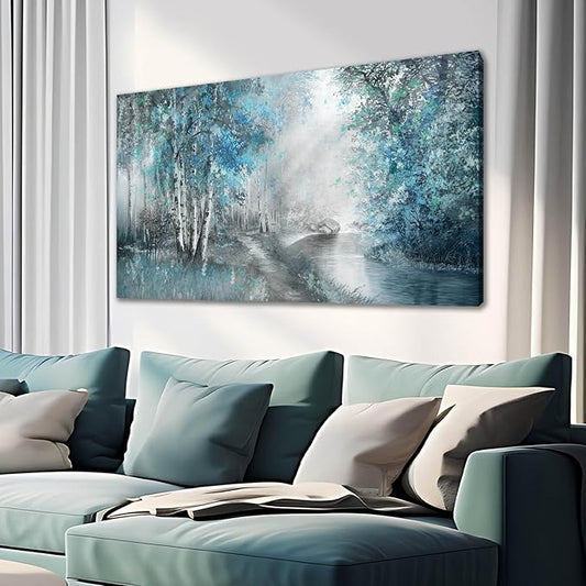 SOUGUAN Landscape Art Posters Blue Pictures Wall Decor Grey Forest Wall Prints Botanical Artwork for Dining Room Bedroom 20"x 40" Contemporary Wall Art