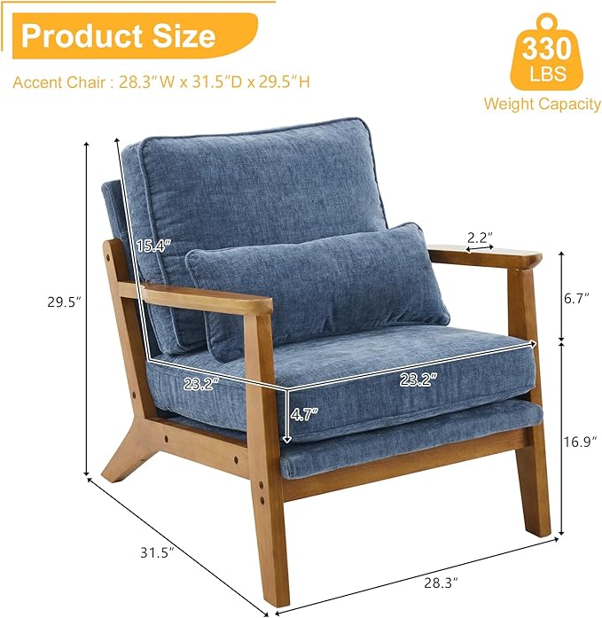 Karl home Accent Chair Wide Armrest Mid-Century Lounge Chair Chenille Armchair with Lumbar Pillow & Solid Wood Frame for Living Room, Bedroom, Balcony, Dusty-Blue