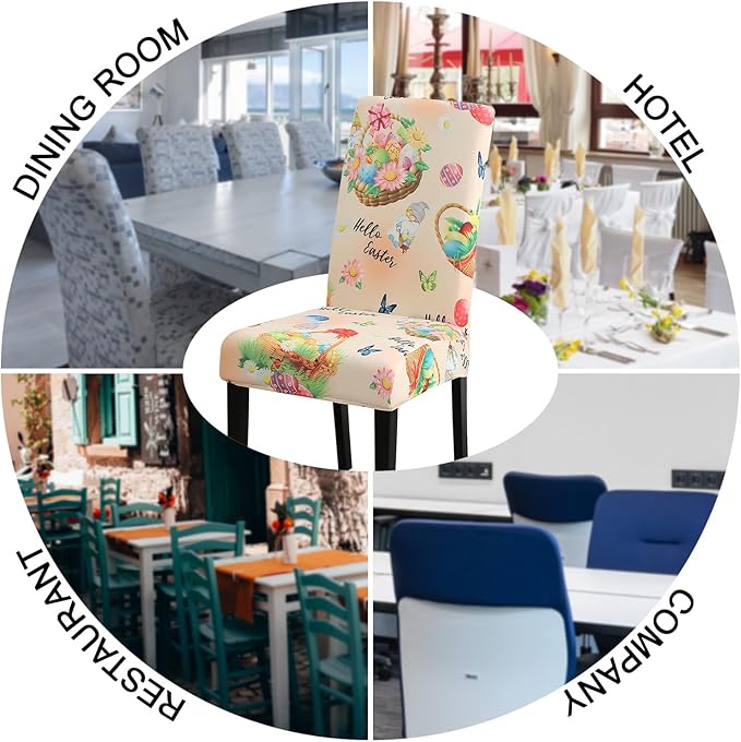 JQinHome Easter Chair Covers Set of 6,High Stretch Removable Washable Chair Seat Protector Cover for Easter Decoration-Easter Theme Decor with Easter Egg Basket