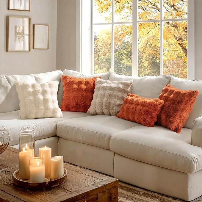 MIULEE Pack of 2 Decorative Pillow Covers Fall Thick Soft Plush Faux Fur Lumbar Throw Pillows Luxury Home Decor for Couch Bedroom Living Room Sofa,12x20 Inch Burnt Orange