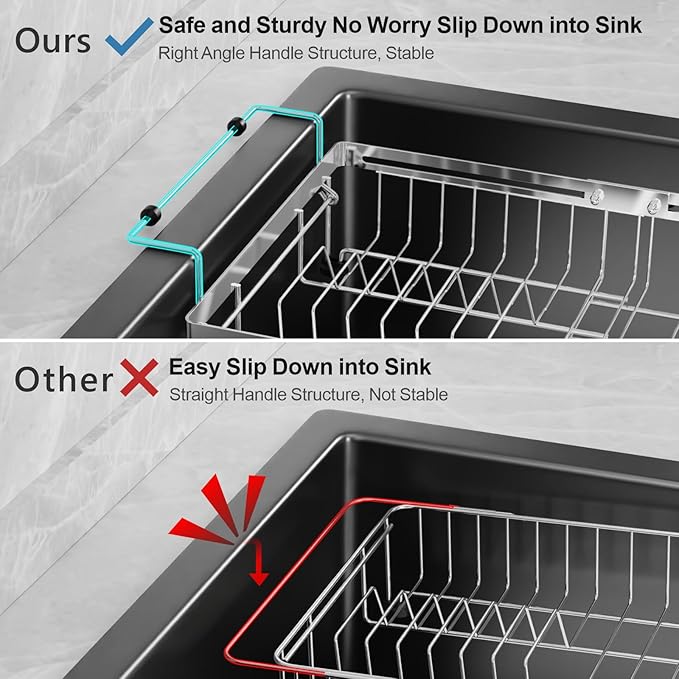 GSlife in Sink Dish Drying Rack - Capacity Expandable Stainless Steel Over Sink Dish Drainer Drying Rack (13.4''-20.4'') with Silicone Mat for Kitchen Counter Large Capacity, Black