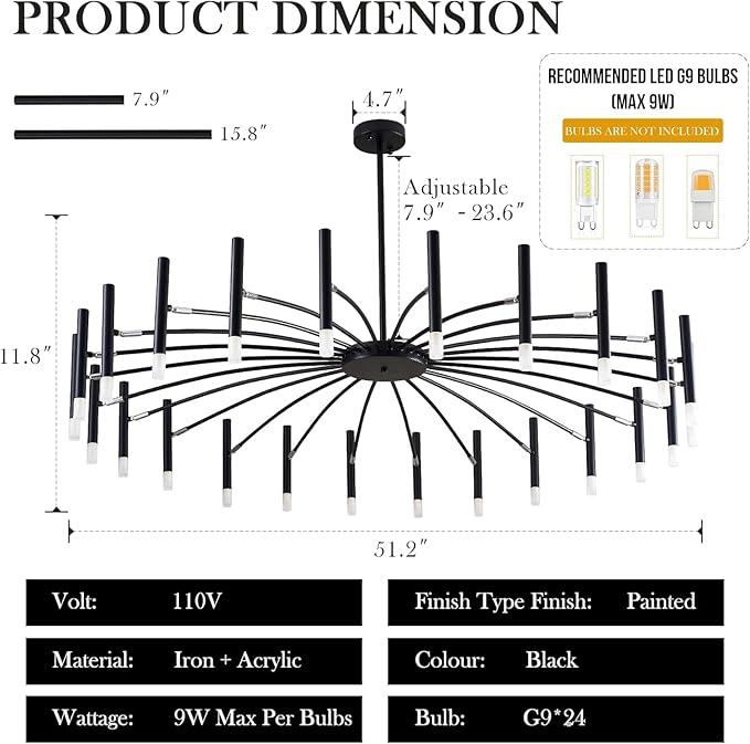Black Modern Chandelier Large Chandelier Lighting Adjustable Ceiling Pendant Light 24-Light Pendant Light Fixtures for Living Room Dining Room