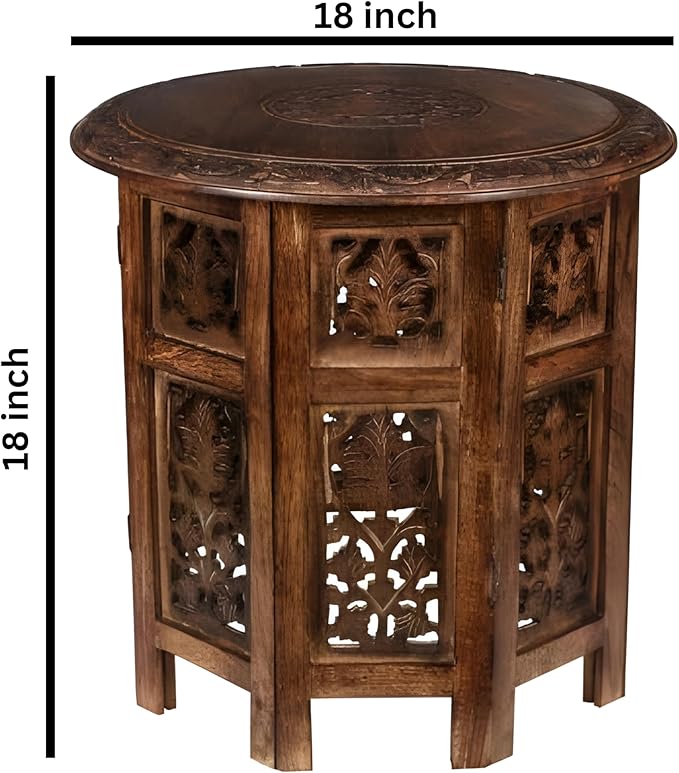 Lightnpro Handcrafted Wooden Round Accent Table - Vintage Farmhouse Octagonal Side End Table with Intricate Carvings for Living Room, Bedroom, Entryway - 18x18 Inch - Burnt