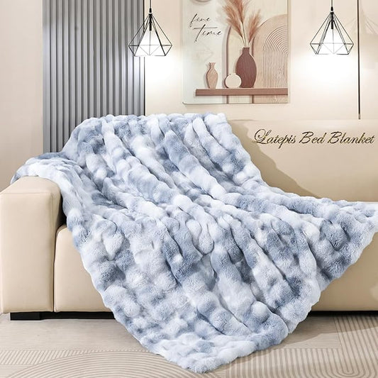 Latepis Faux Fur Throw Blanket for Couch, Soft Luxury Faux Fur Bubble Blanket for Sofa and Bedroom, Plush Thick Warm Cozy Fluffy Blanket for All Seasons, 50” x 60”, Tie-dye Blue